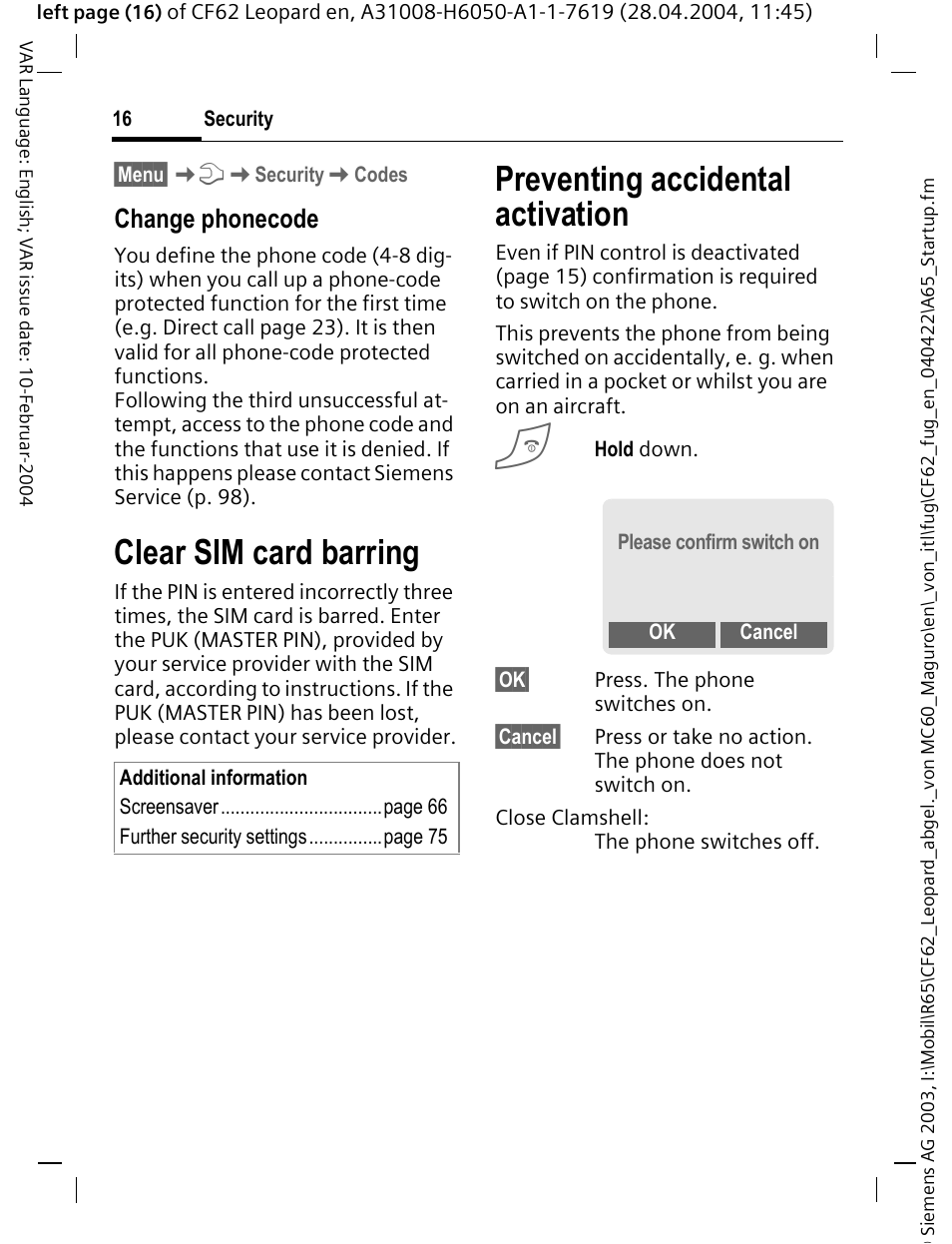 Preventing accidental activation, Preventing accidental, Activation | Clear sim card barring, Change phonecode | Siemens CF62 User Manual | Page 17 / 122