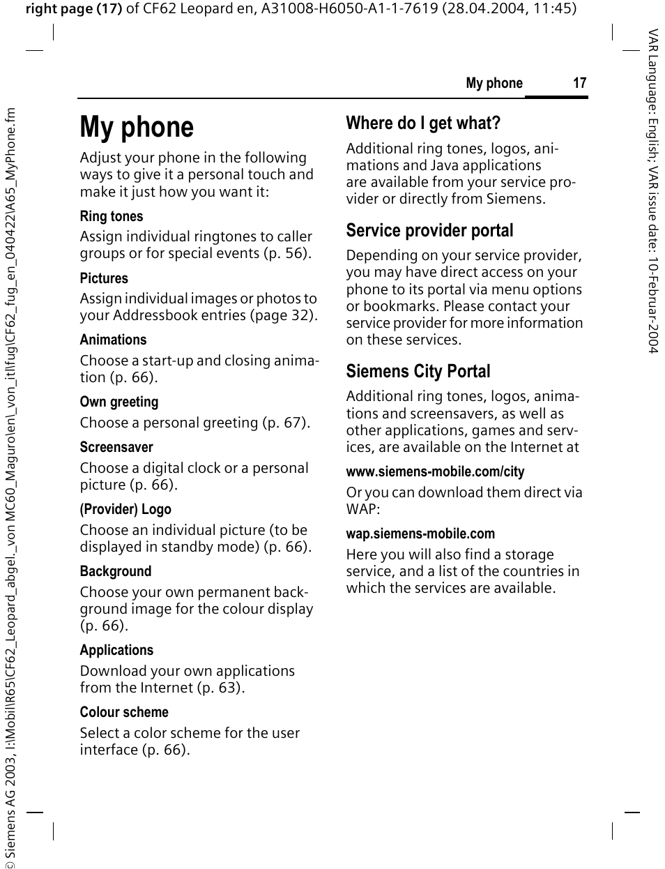 My phone, Where do i get what, Service provider portal | Siemens city portal | Siemens CF62 User Manual | Page 18 / 122