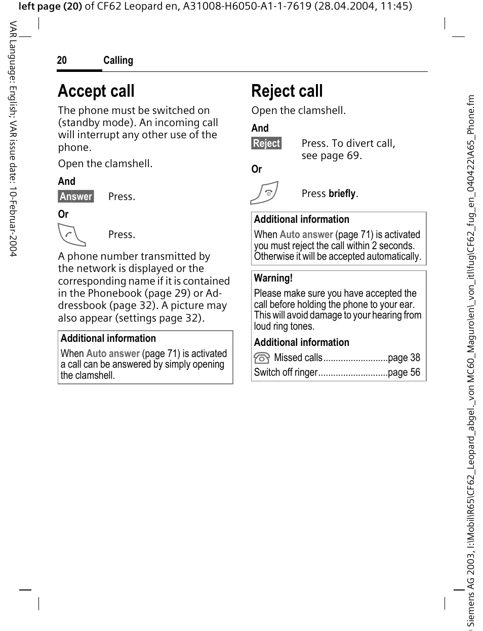 Accept call, Reject call | Siemens CF62 User Manual | Page 21 / 122