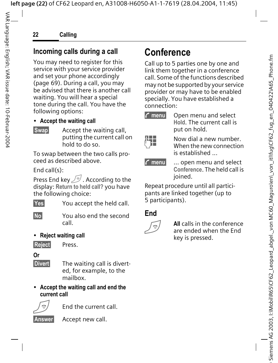 Conference, Incoming calls during a call | Siemens CF62 User Manual | Page 23 / 122