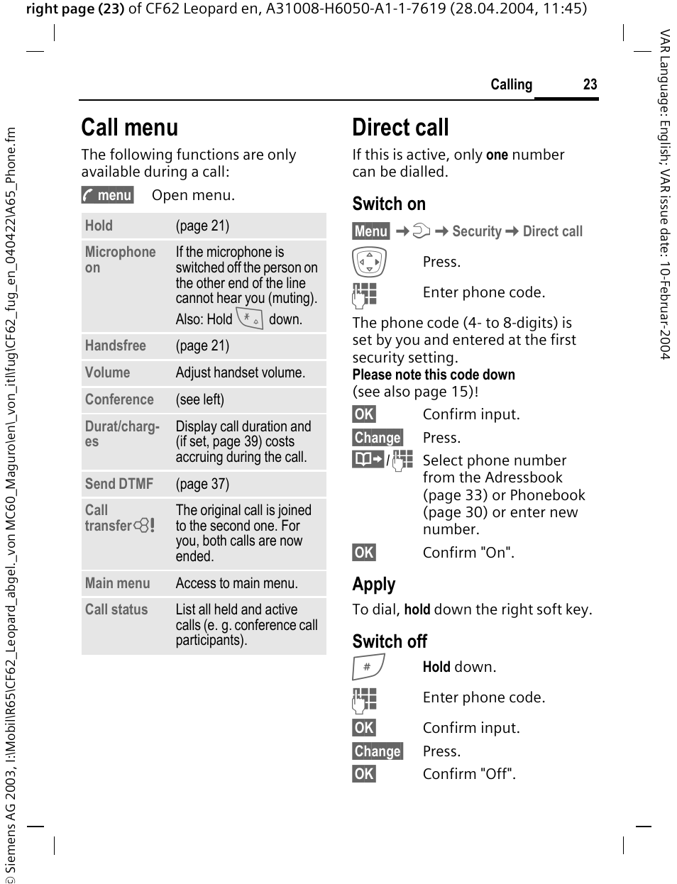 Call menu, Direct call, Switch on | Apply, Switch off | Siemens CF62 User Manual | Page 24 / 122