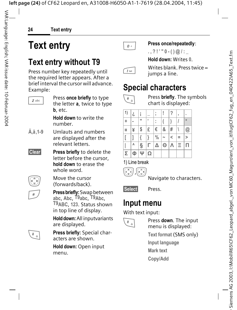 Text entry, Text entry without t9, Special characters | Input menu | Siemens CF62 User Manual | Page 25 / 122