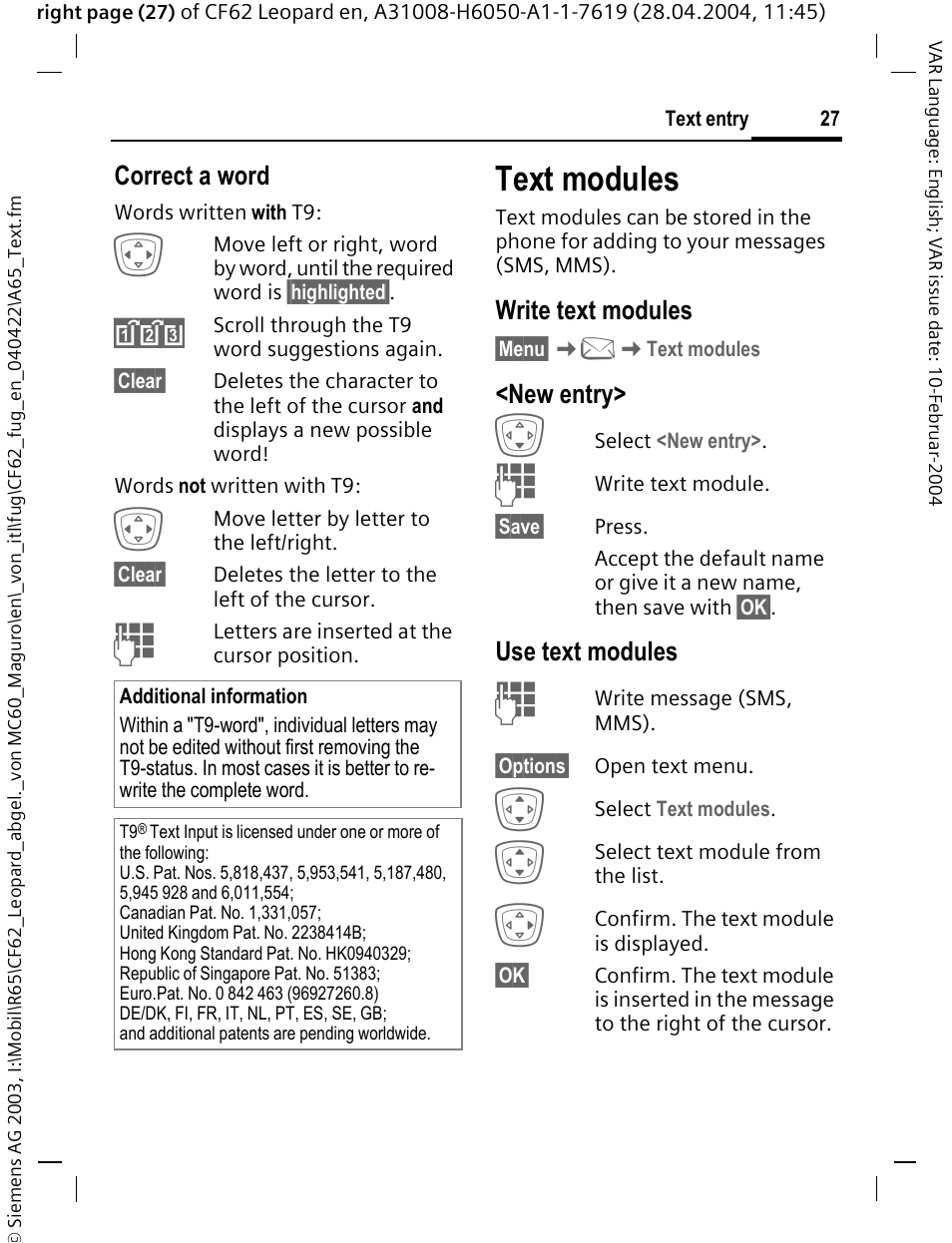 Text modules, Correct a word, Write text modules | New entry, Use text modules | Siemens CF62 User Manual | Page 28 / 122