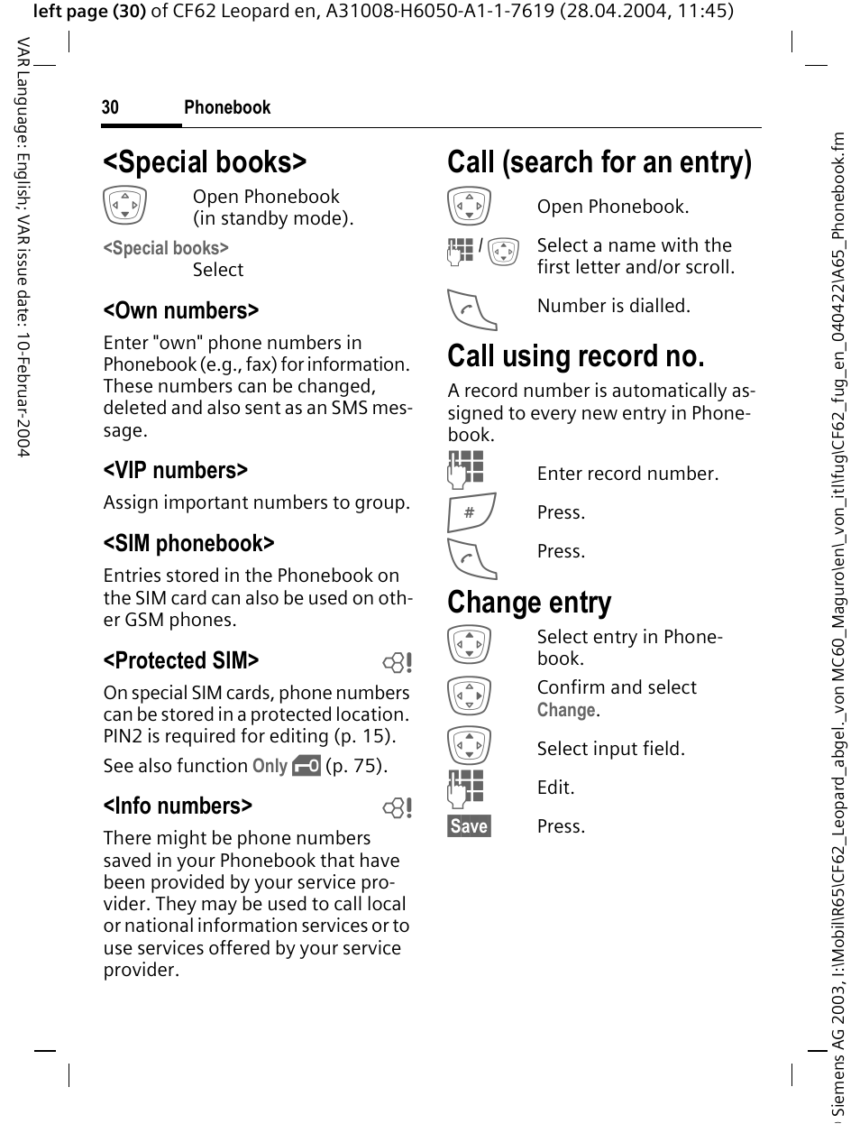 Special books, Call (search for an entry), Change entry | Call using record no | Siemens CF62 User Manual | Page 31 / 122