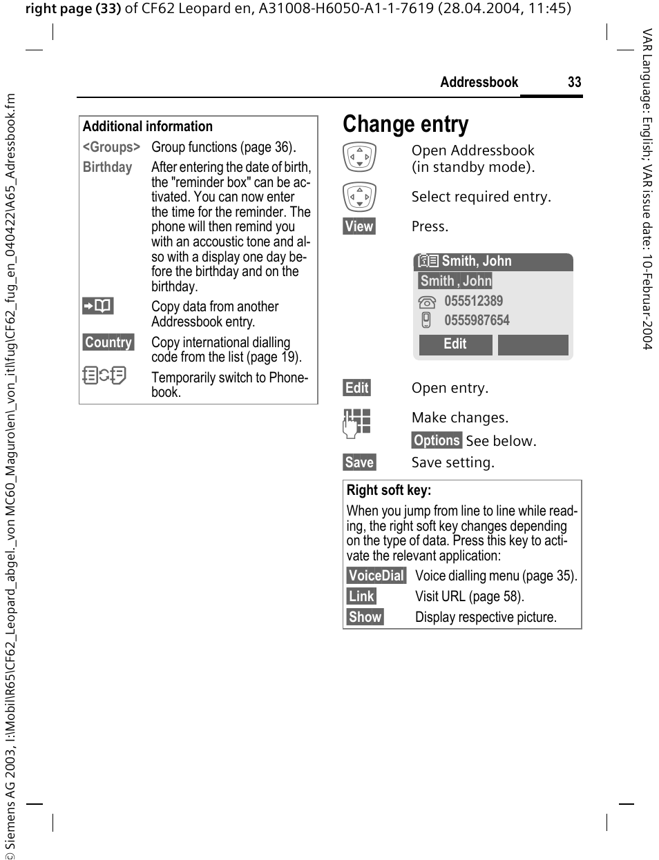 Change entry | Siemens CF62 User Manual | Page 34 / 122