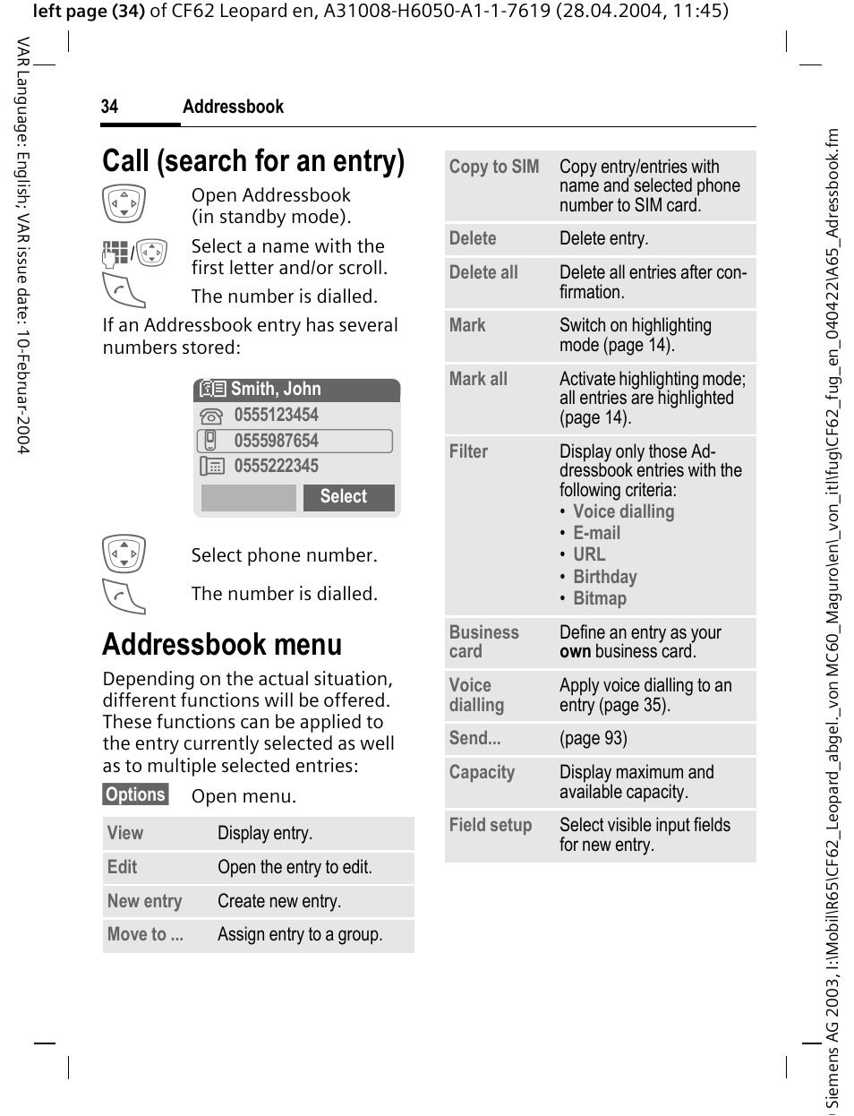 Call (search for an entry), Addressbook menu | Siemens CF62 User Manual | Page 35 / 122