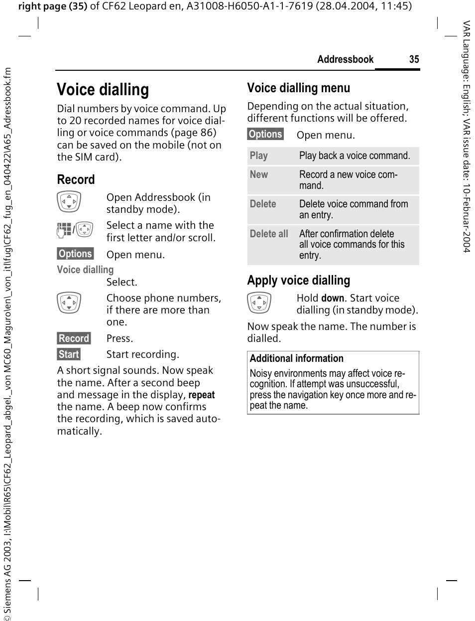 Voice dialling, Record, Voice dialling menu | Apply voice dialling | Siemens CF62 User Manual | Page 36 / 122