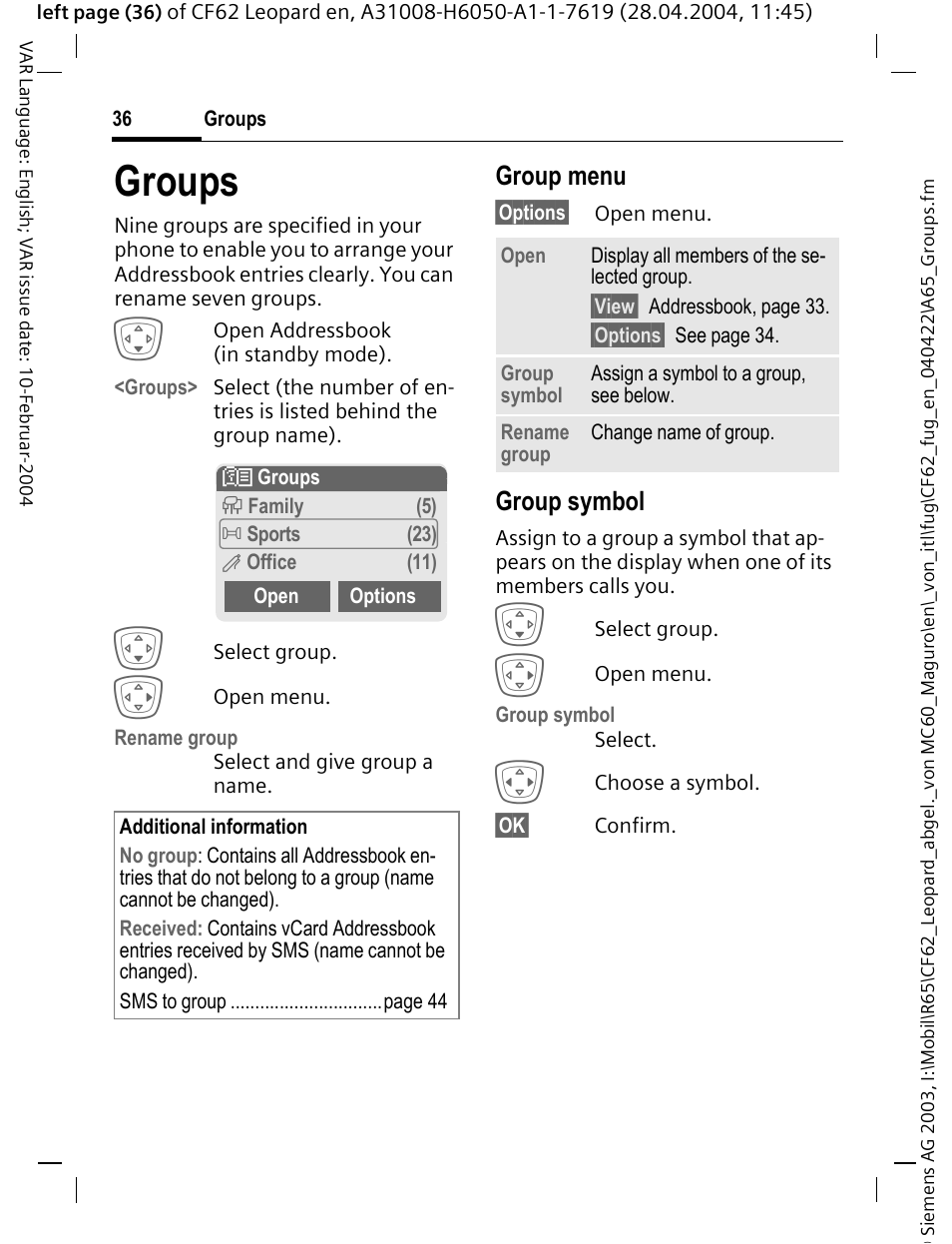 Groups, Group menu, Group symbol | Siemens CF62 User Manual | Page 37 / 122