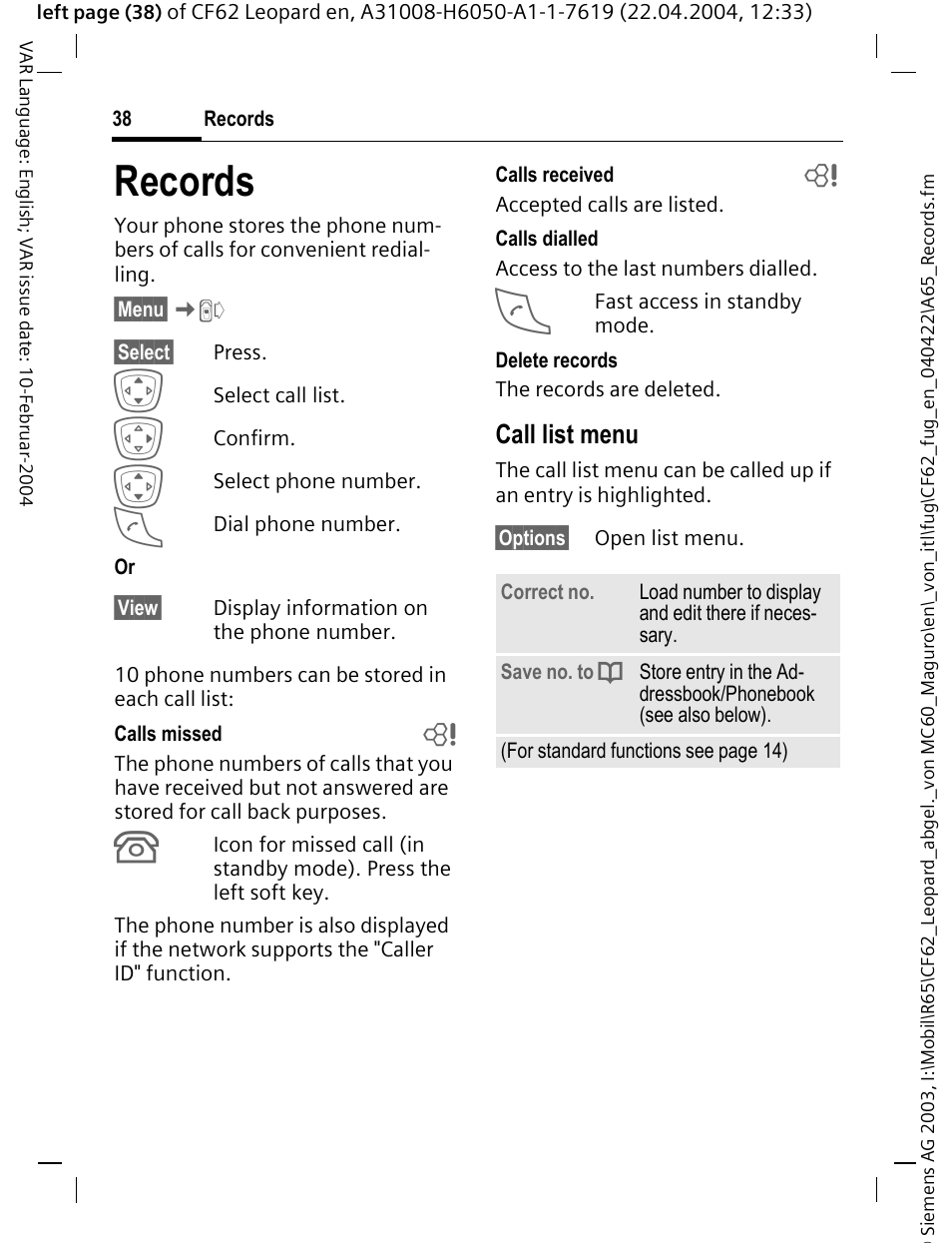 Records, Call list menu | Siemens CF62 User Manual | Page 39 / 122