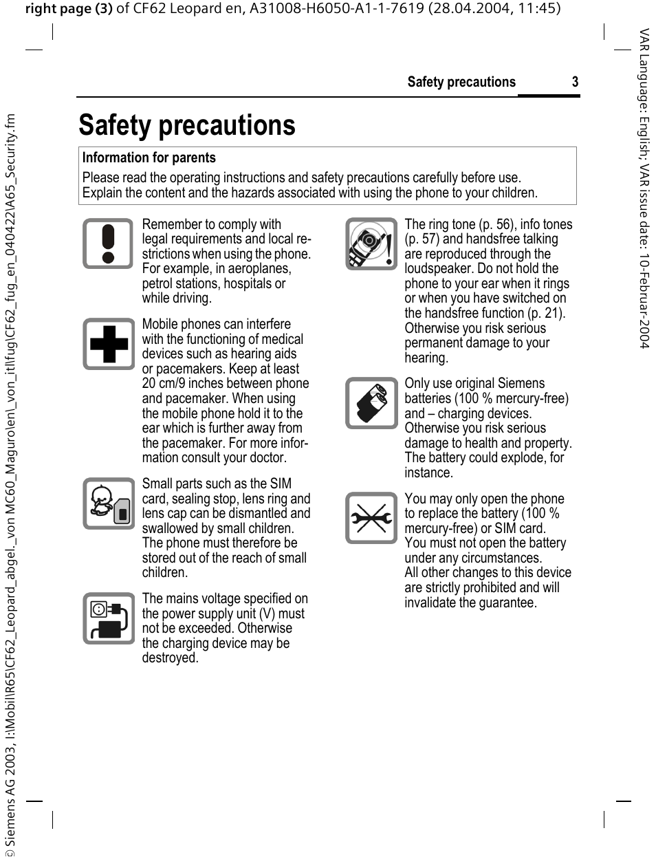 Safety precautions | Siemens CF62 User Manual | Page 4 / 122