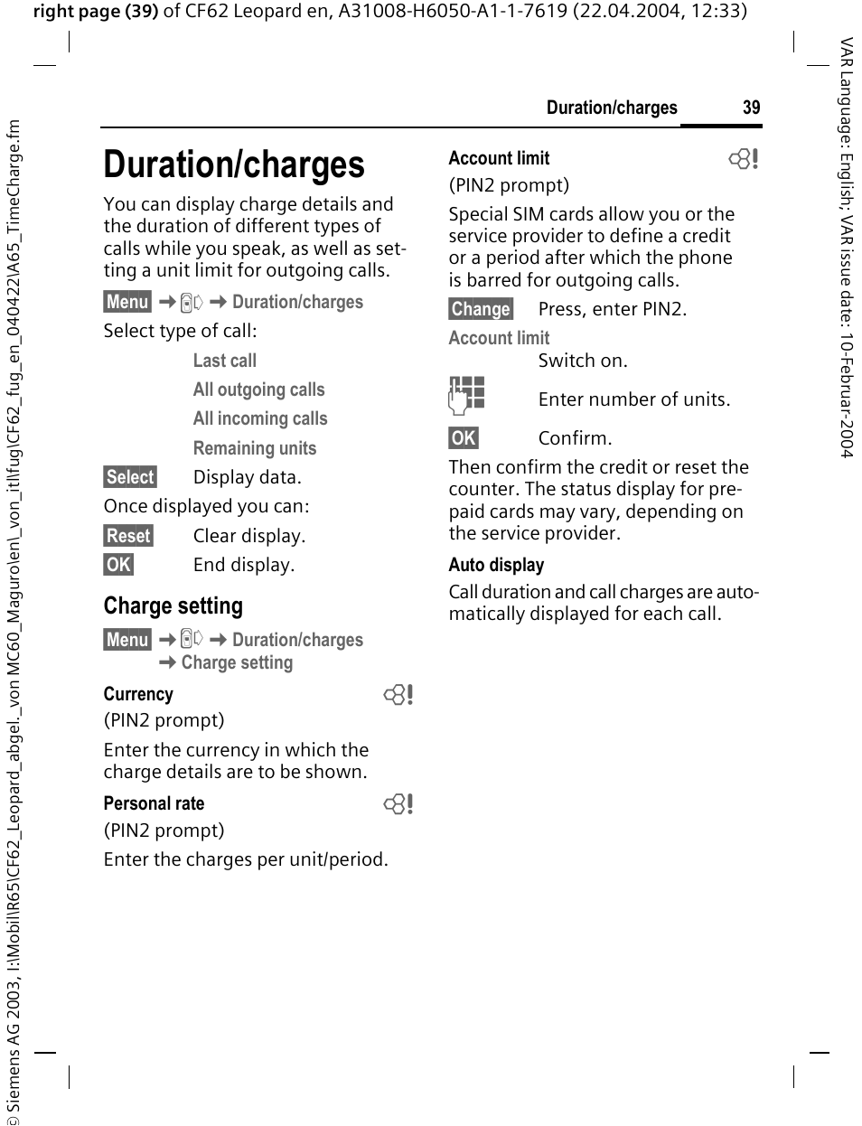 Duration/charges, Charge setting | Siemens CF62 User Manual | Page 40 / 122