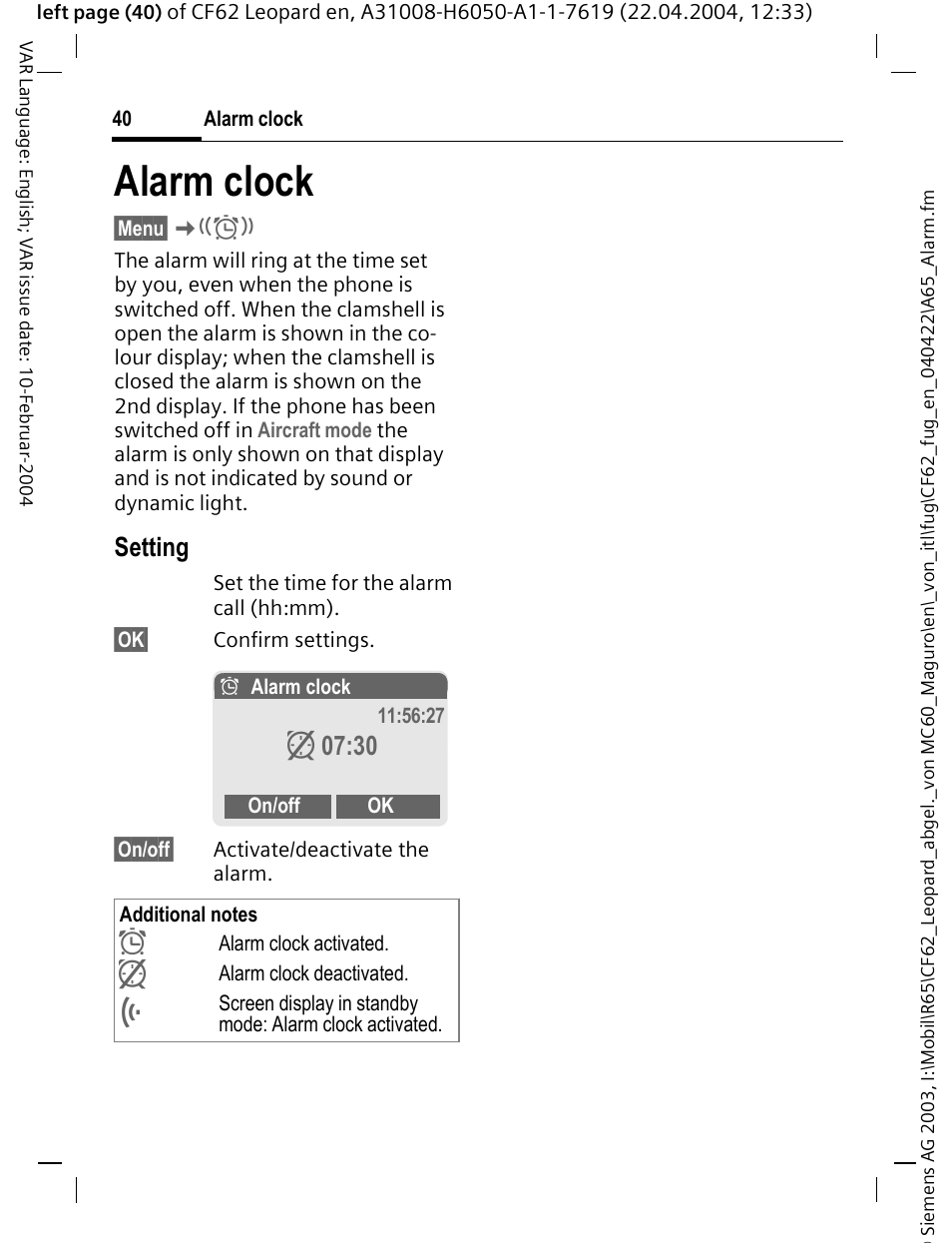 Alarm clock, Setting, Z 07:30 | Siemens CF62 User Manual | Page 41 / 122