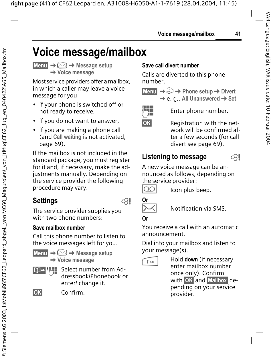 Voice message/mailbox, Settings b, Listening to message b | Siemens CF62 User Manual | Page 42 / 122