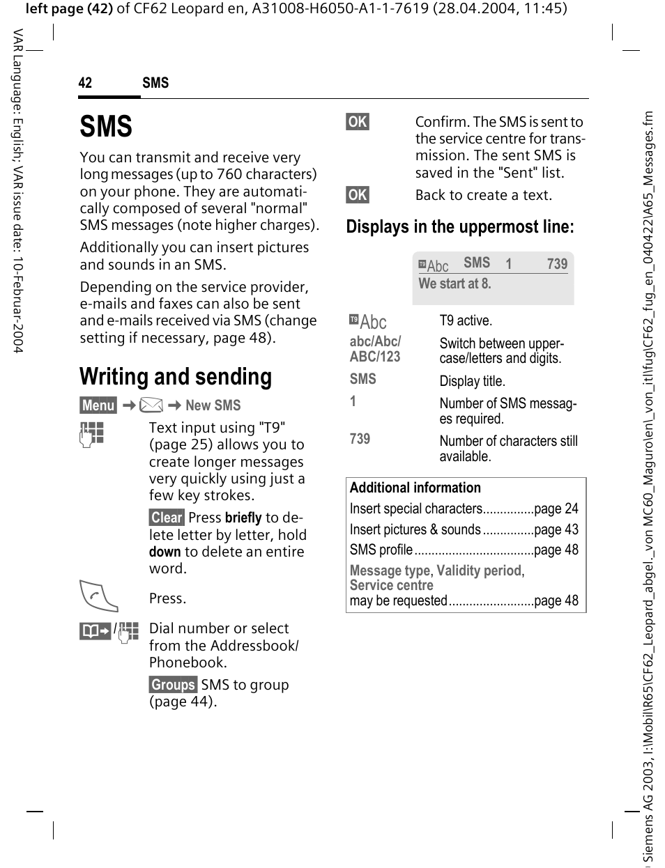 Writing and sending, Displays in the uppermost line | Siemens CF62 User Manual | Page 43 / 122