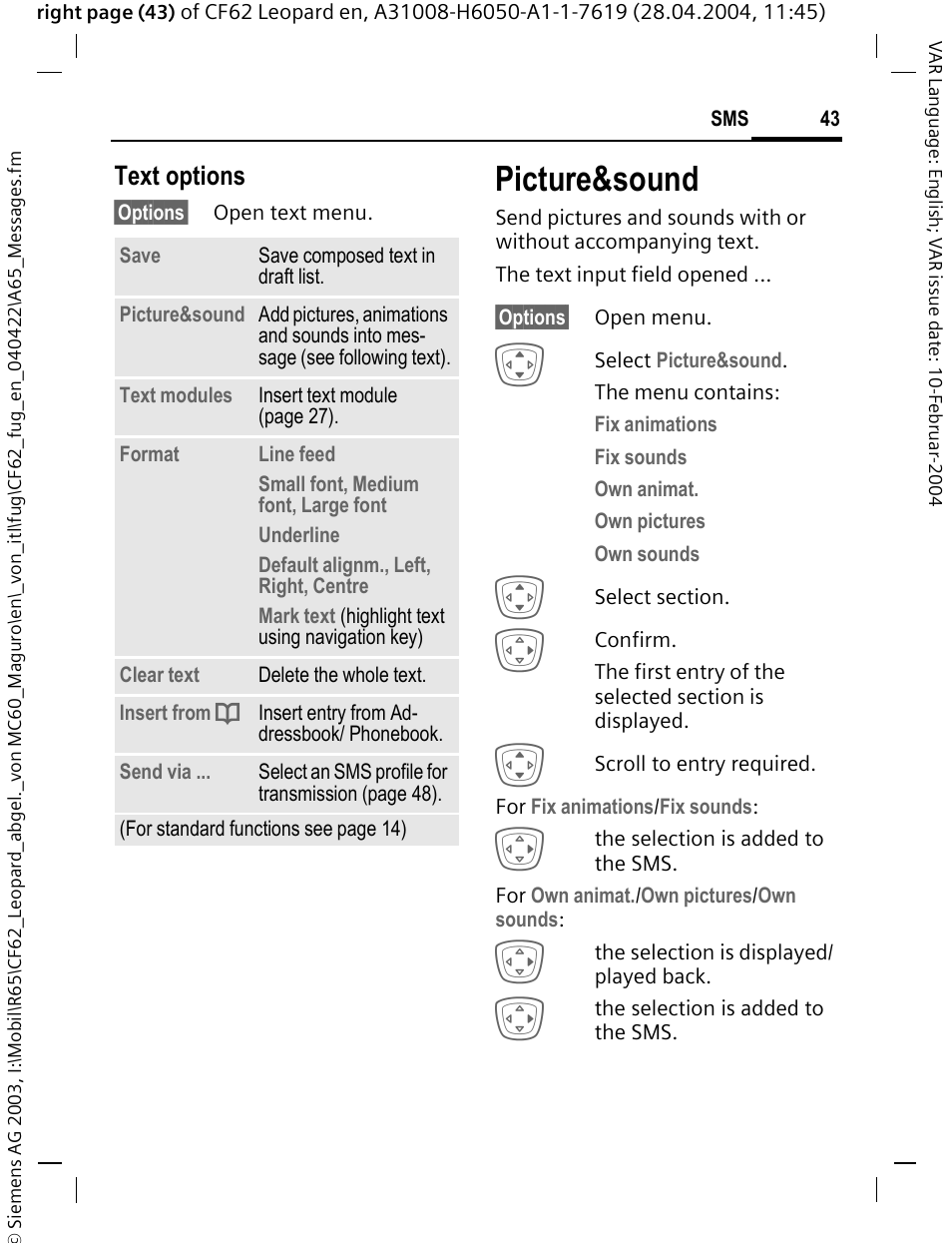 Picture&sound, Text options | Siemens CF62 User Manual | Page 44 / 122