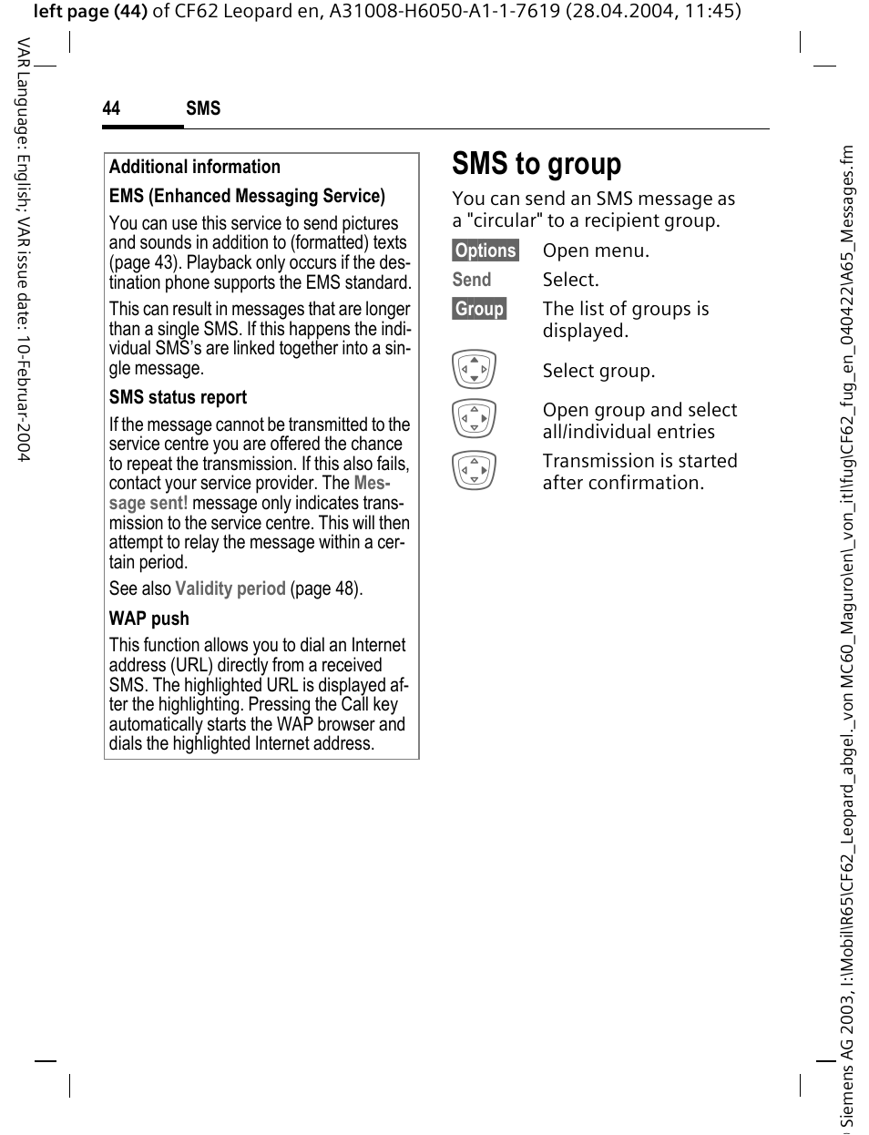Sms to group | Siemens CF62 User Manual | Page 45 / 122