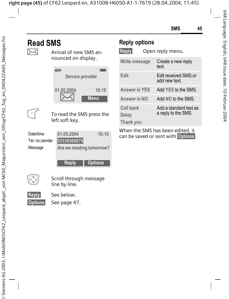 Read sms, Reply options | Siemens CF62 User Manual | Page 46 / 122