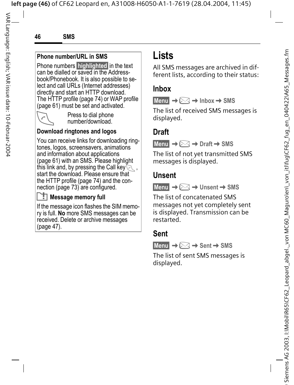 Lists, Inbox, Draft | Unsent, Sent | Siemens CF62 User Manual | Page 47 / 122