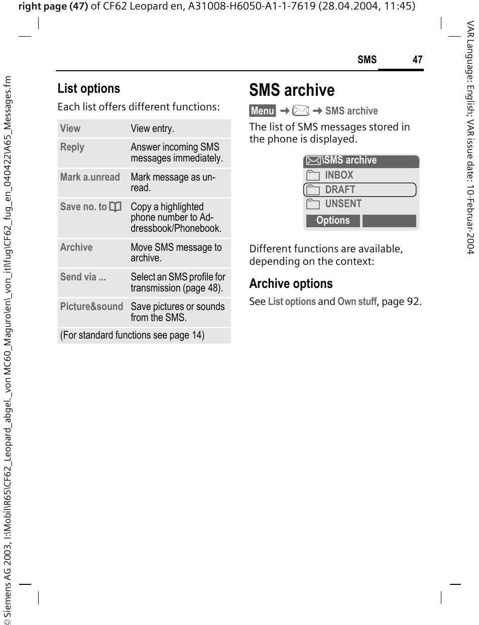 Sms archive, List options, Archive options | Siemens CF62 User Manual | Page 48 / 122