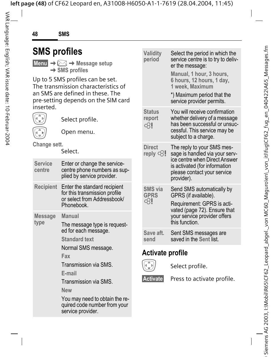 Sms profiles, Activate profile | Siemens CF62 User Manual | Page 49 / 122
