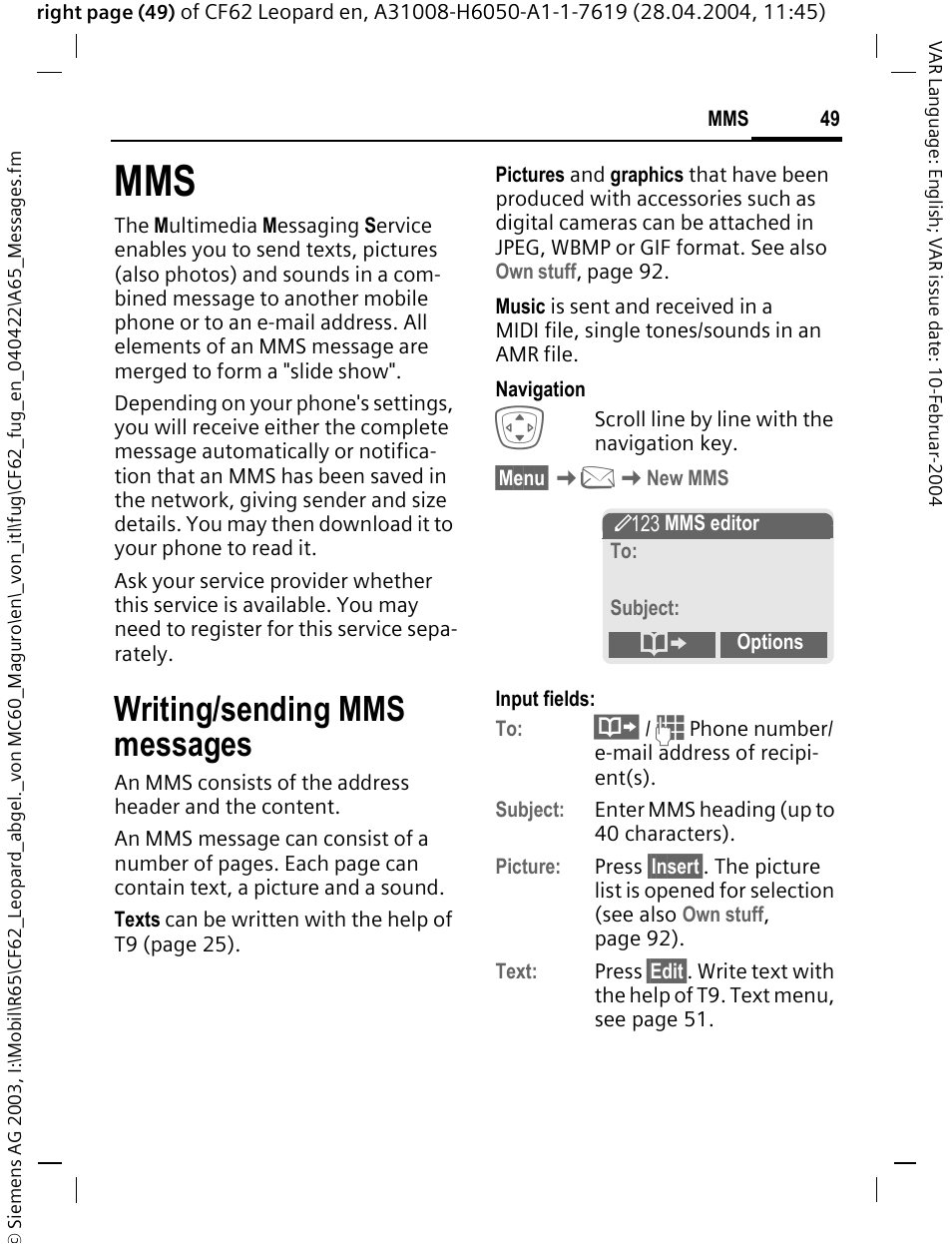 Writing/sending mms messages, Writing/ sending mms messages | Siemens CF62 User Manual | Page 50 / 122