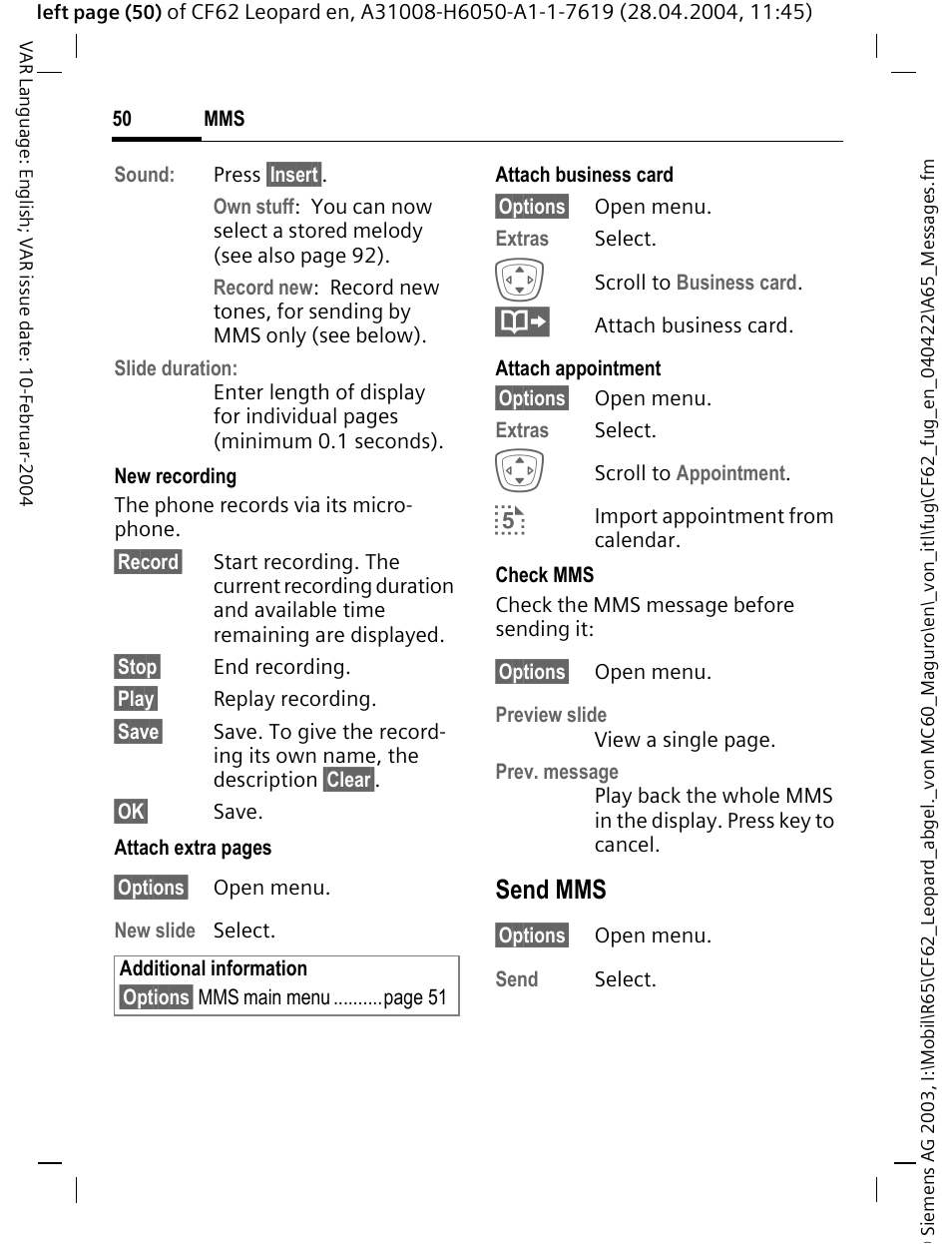 Send mms | Siemens CF62 User Manual | Page 51 / 122