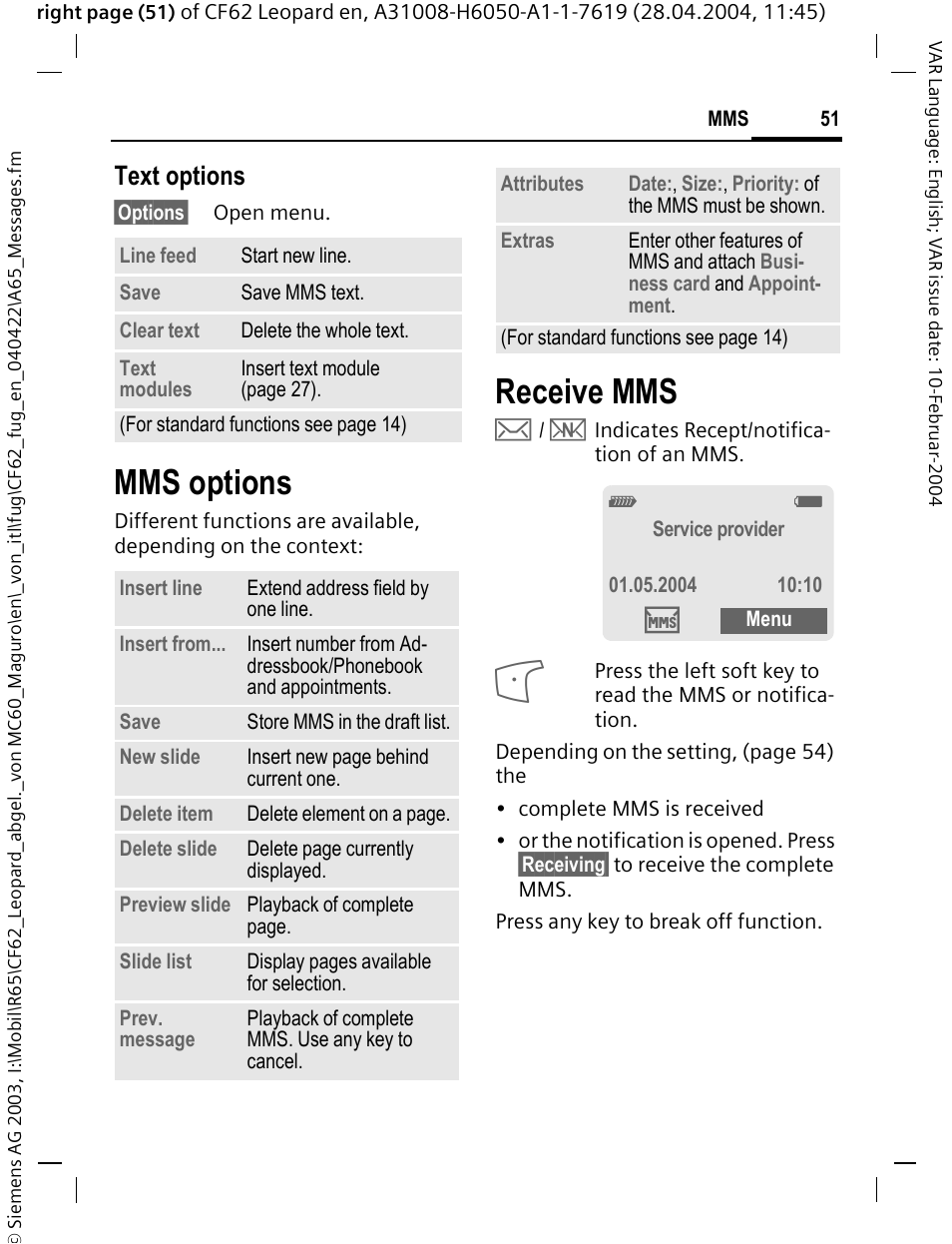 Mms options, Receive mms, Text options | Siemens CF62 User Manual | Page 52 / 122