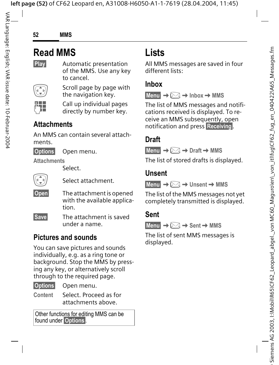 Read mms, Lists, Attachments | Pictures and sounds, Inbox, Draft, Unsent, Sent | Siemens CF62 User Manual | Page 53 / 122