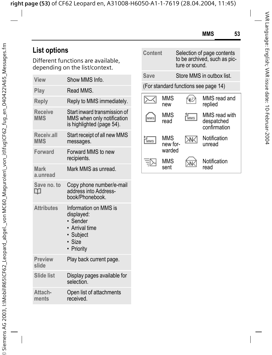 List options | Siemens CF62 User Manual | Page 54 / 122