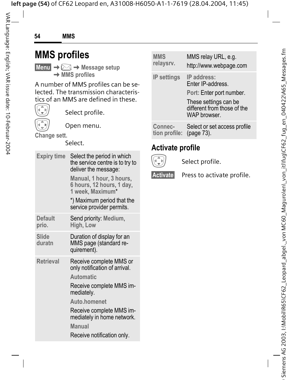 Mms profiles, Activate profile | Siemens CF62 User Manual | Page 55 / 122