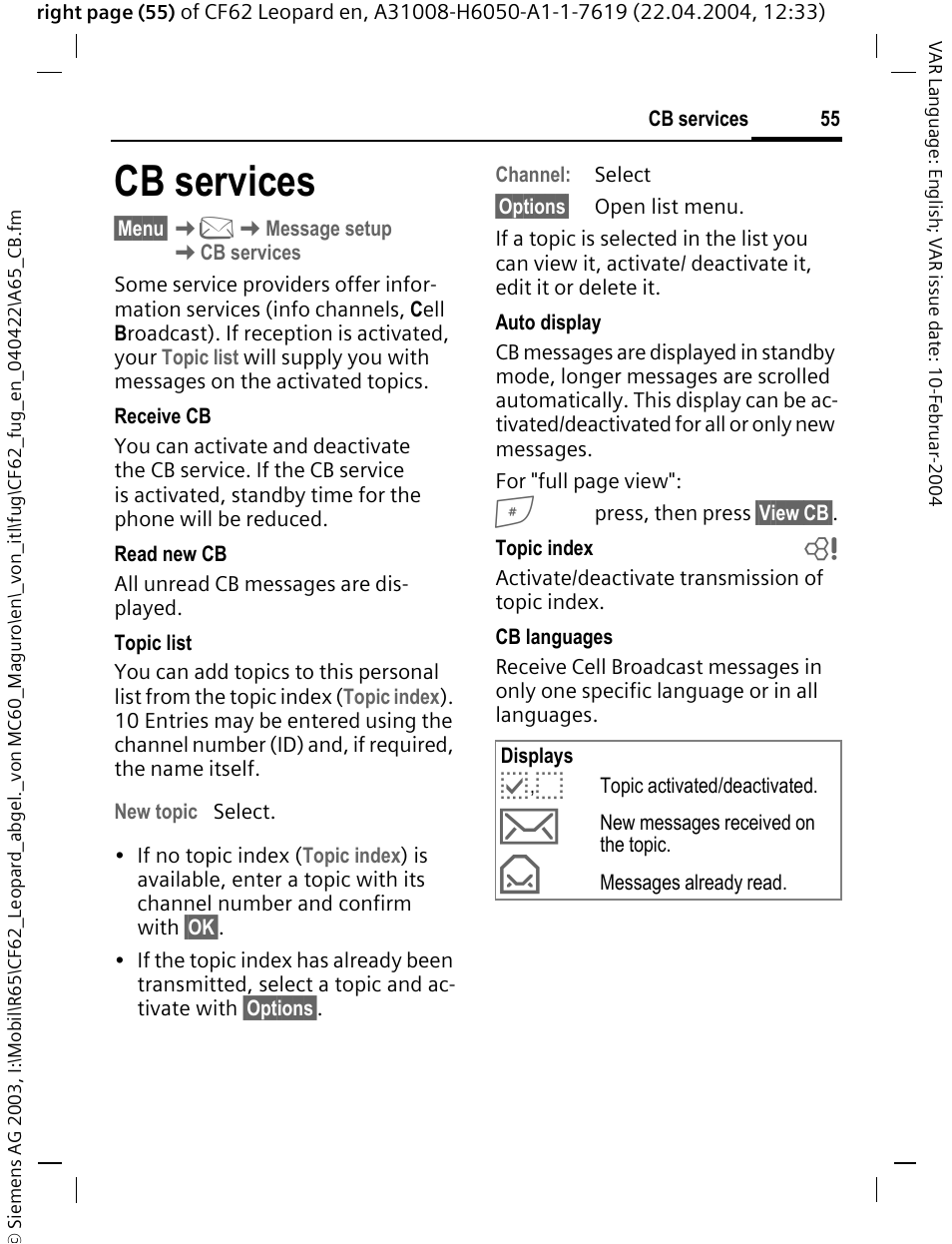 Cb services | Siemens CF62 User Manual | Page 56 / 122