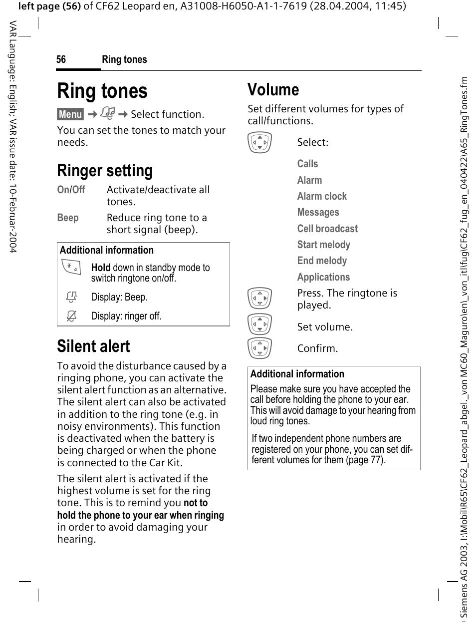Ring tones, Ringer setting, Silent alert | Volume, Al events (p. 56) | Siemens CF62 User Manual | Page 57 / 122