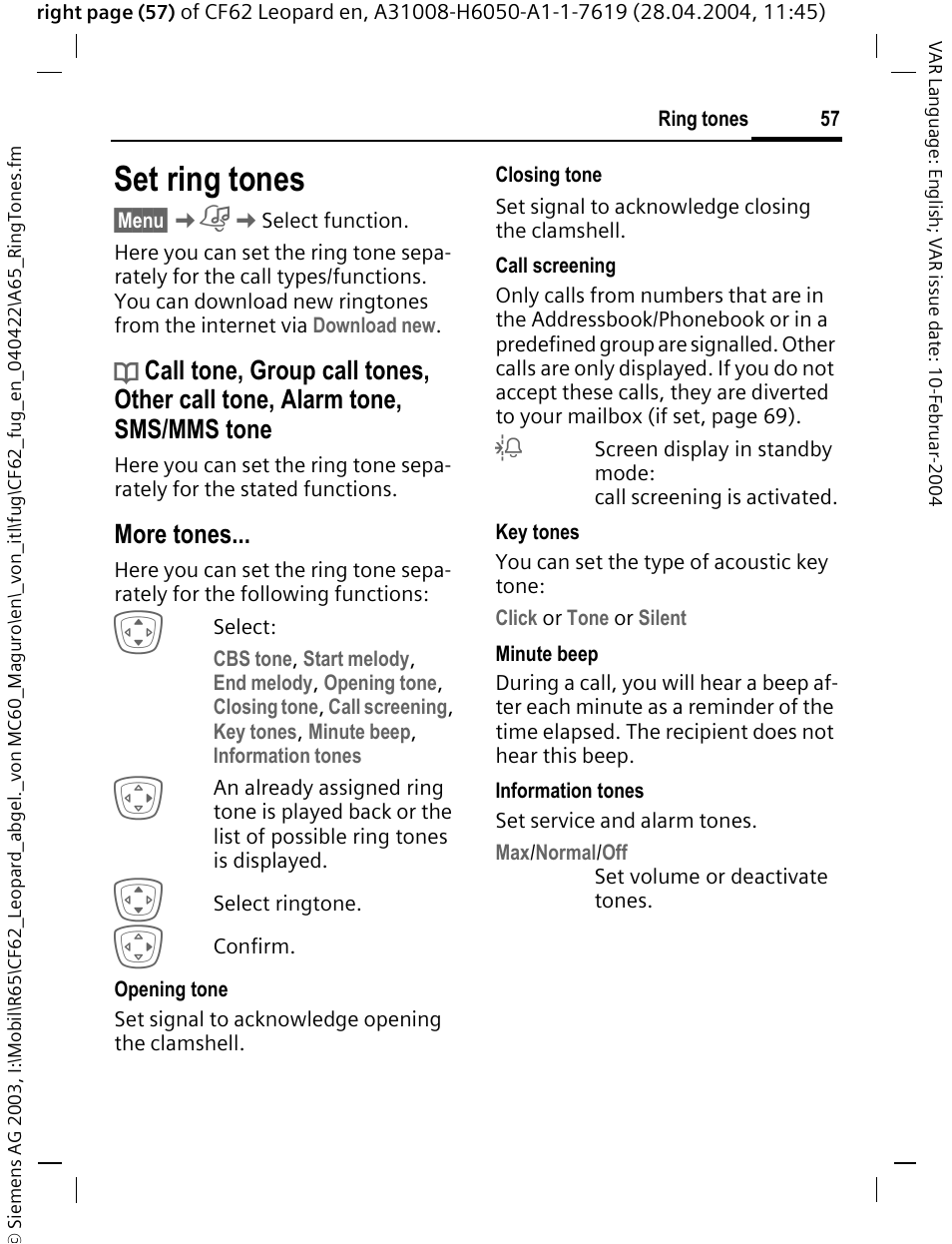 Set ring tones, More tones | Siemens CF62 User Manual | Page 58 / 122