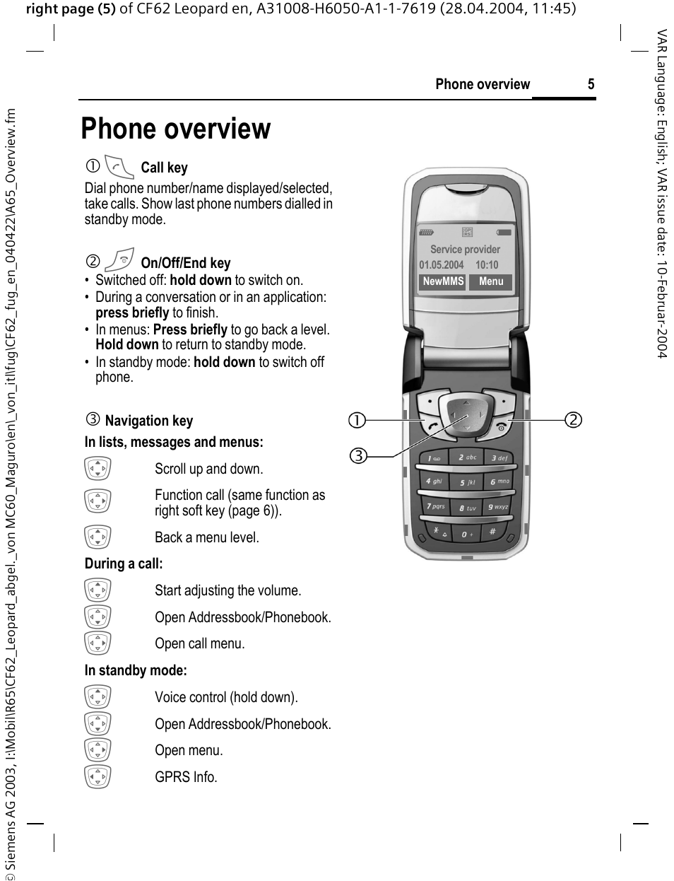 Phone overview | Siemens CF62 User Manual | Page 6 / 122