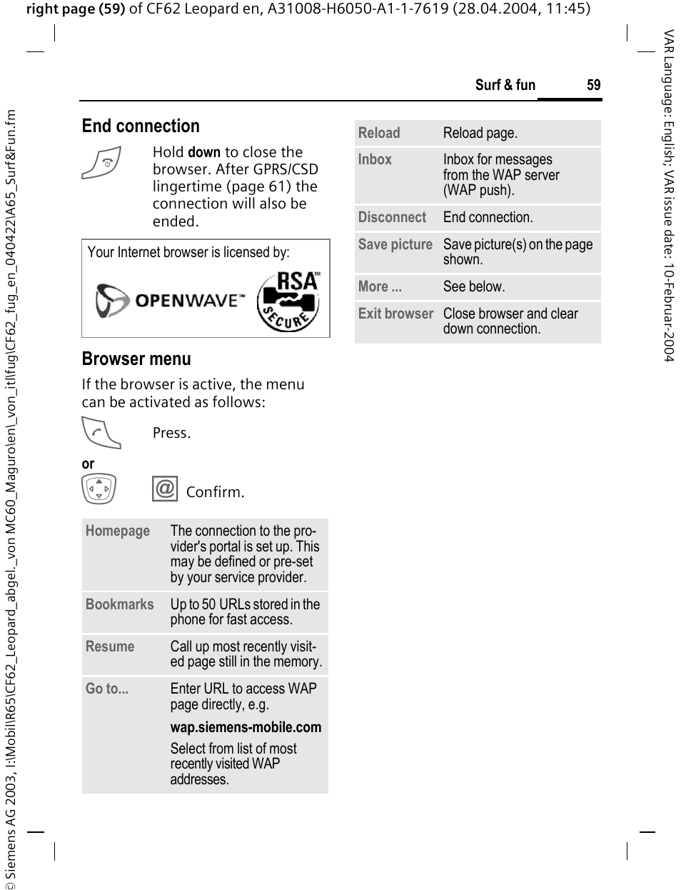 End connection, Browser menu | Siemens CF62 User Manual | Page 60 / 122