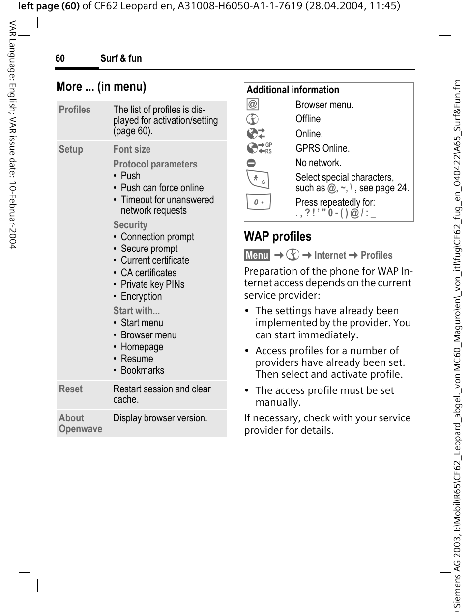 More ... (in menu) wap profiles | Siemens CF62 User Manual | Page 61 / 122