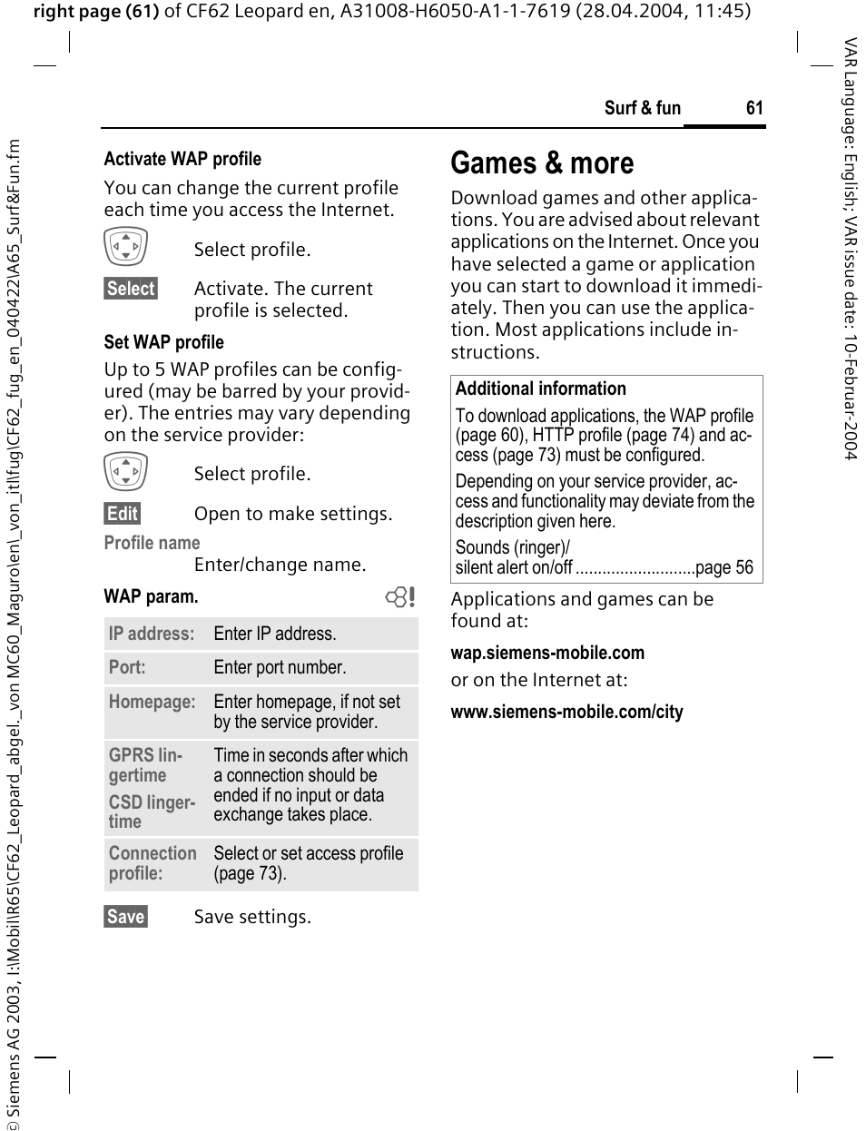 Games & more | Siemens CF62 User Manual | Page 62 / 122