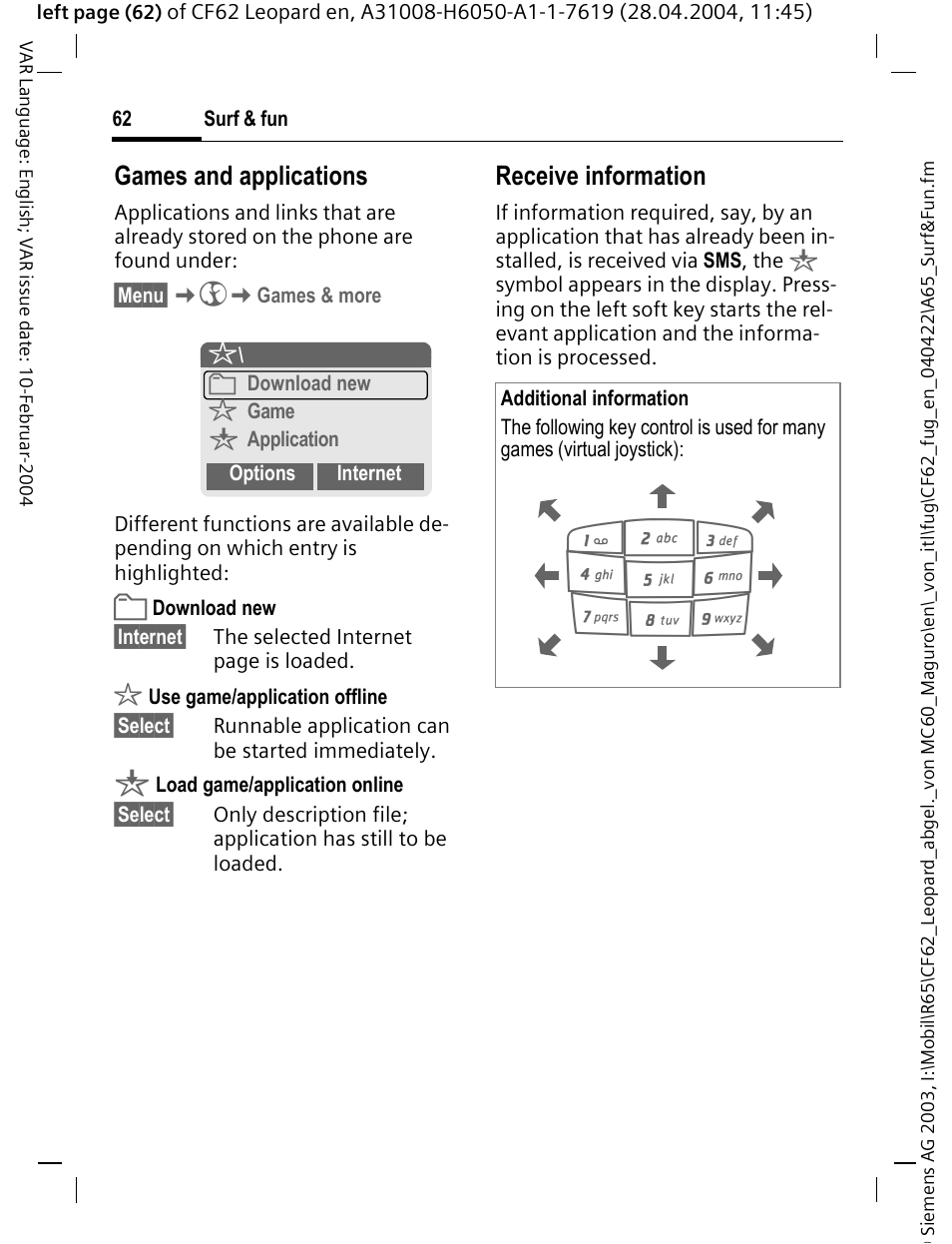 Games and applications, Receive information | Siemens CF62 User Manual | Page 63 / 122