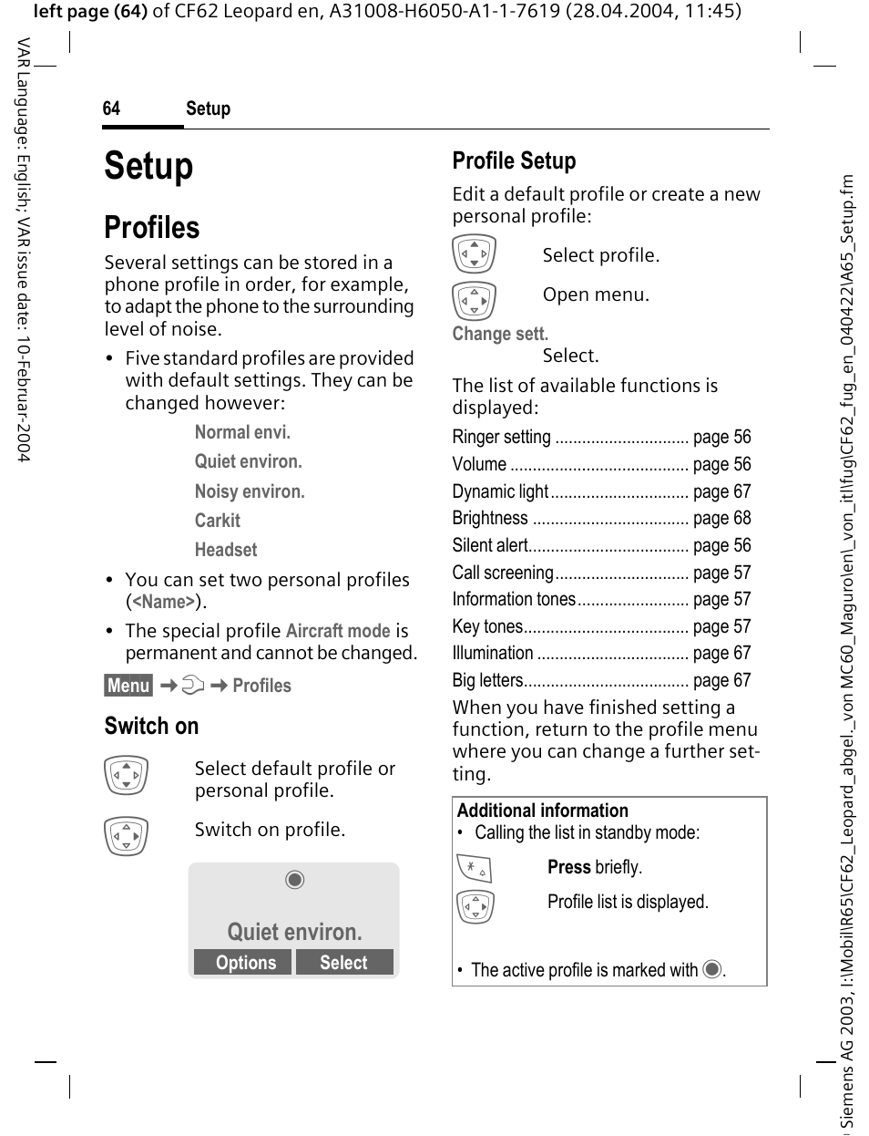 Setup, Profiles, Switch on | Profile setup, Quiet environ | Siemens CF62 User Manual | Page 65 / 122