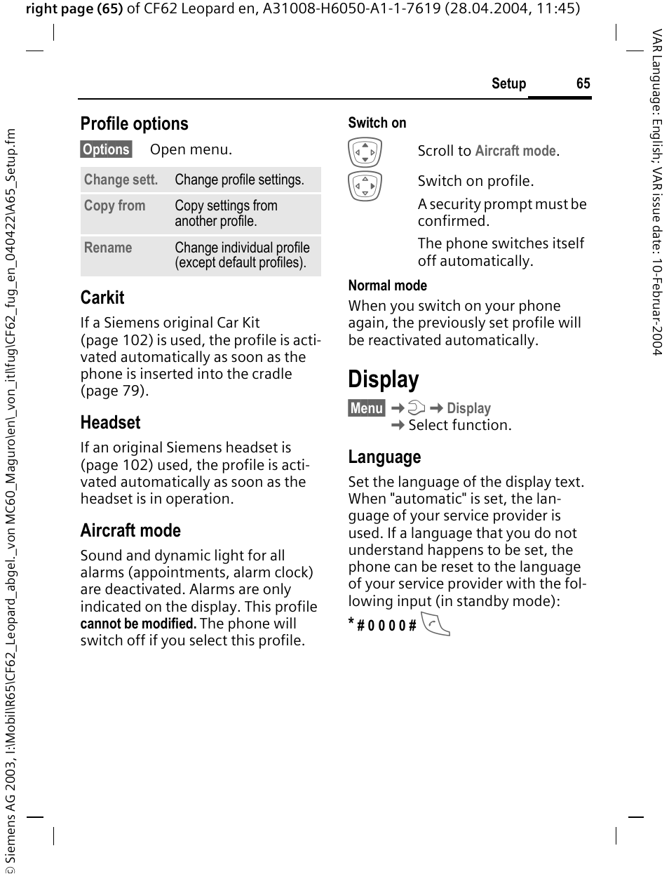 Display, Profile options, Carkit | Headset, Aircraft mode, Language | Siemens CF62 User Manual | Page 66 / 122