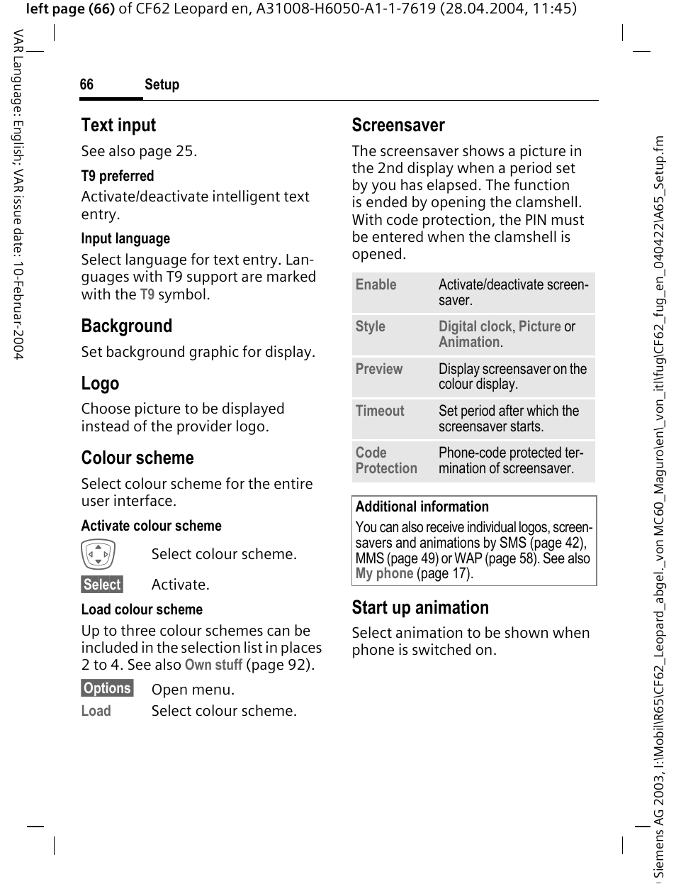 Screensaver, Tion (p. 66), E (p. 66) | P. 66), Text input, Background, Logo, Colour scheme, Start up animation | Siemens CF62 User Manual | Page 67 / 122