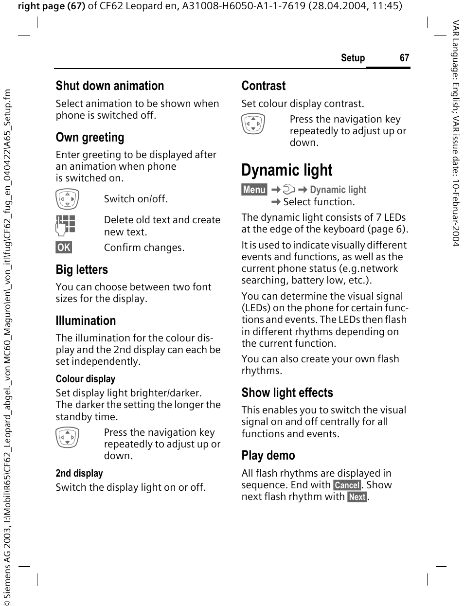 Dynamic light, G (p. 67), Illumination | Shut down animation, Own greeting, Big letters, Contrast, Show light effects, Play demo | Siemens CF62 User Manual | Page 68 / 122