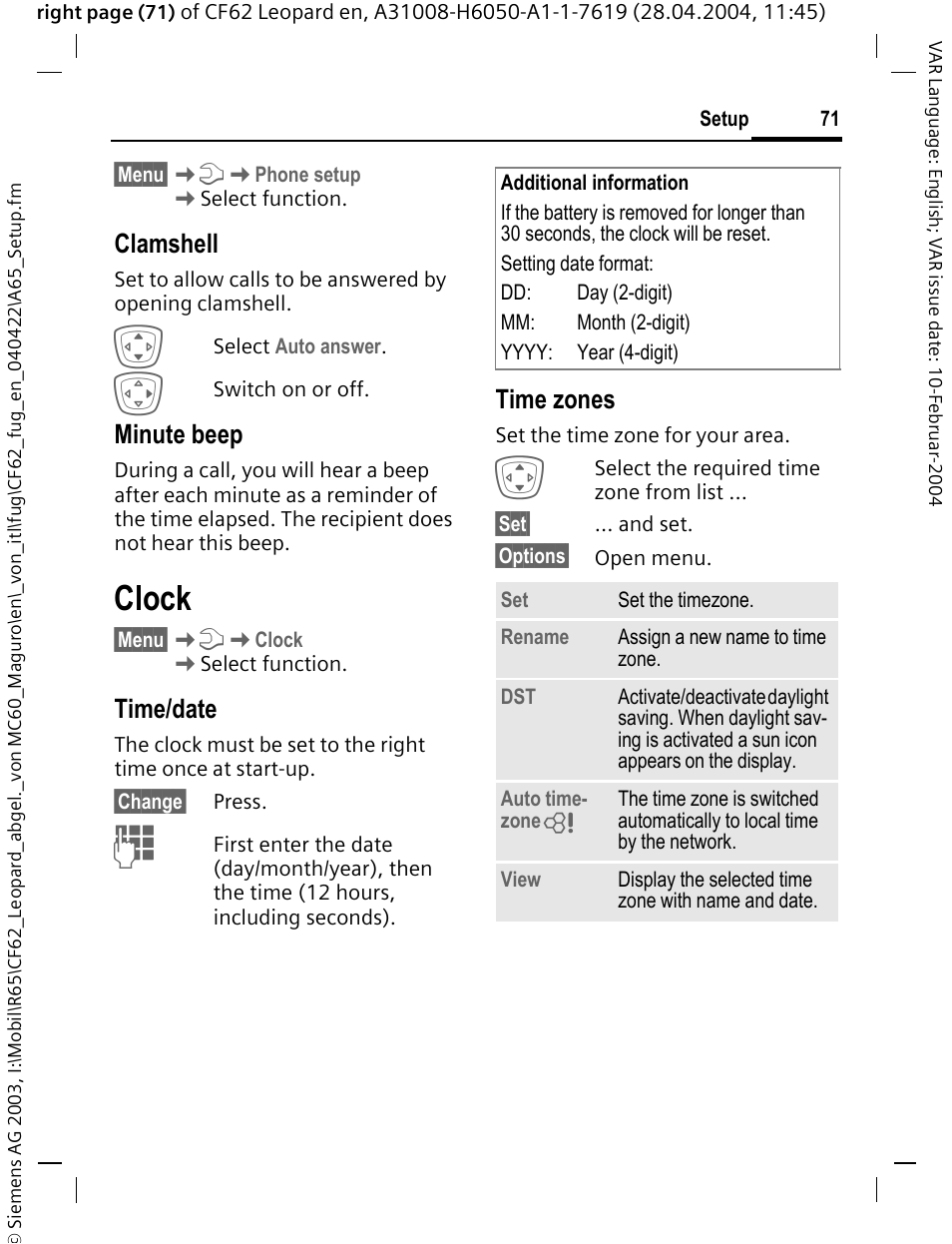 Clock, Clamshell, Minute beep | Time/date, Time zones | Siemens CF62 User Manual | Page 72 / 122