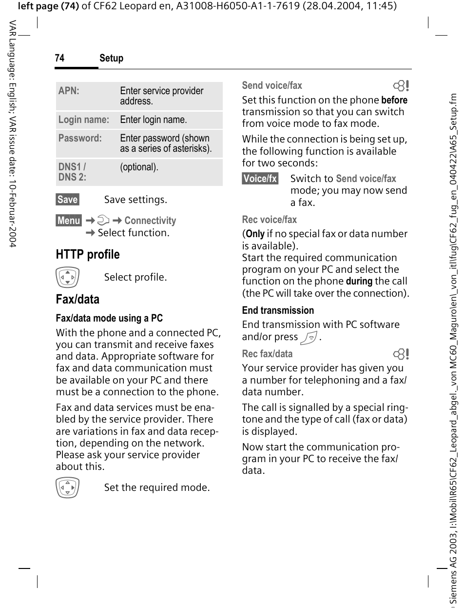 Fax/data | Siemens CF62 User Manual | Page 75 / 122