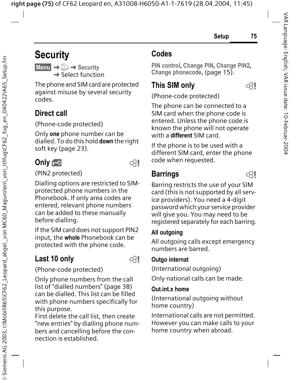 Security, Direct call, Only | Last 10 only b, Codes, This sim only b, Barrings b | Siemens CF62 User Manual | Page 76 / 122