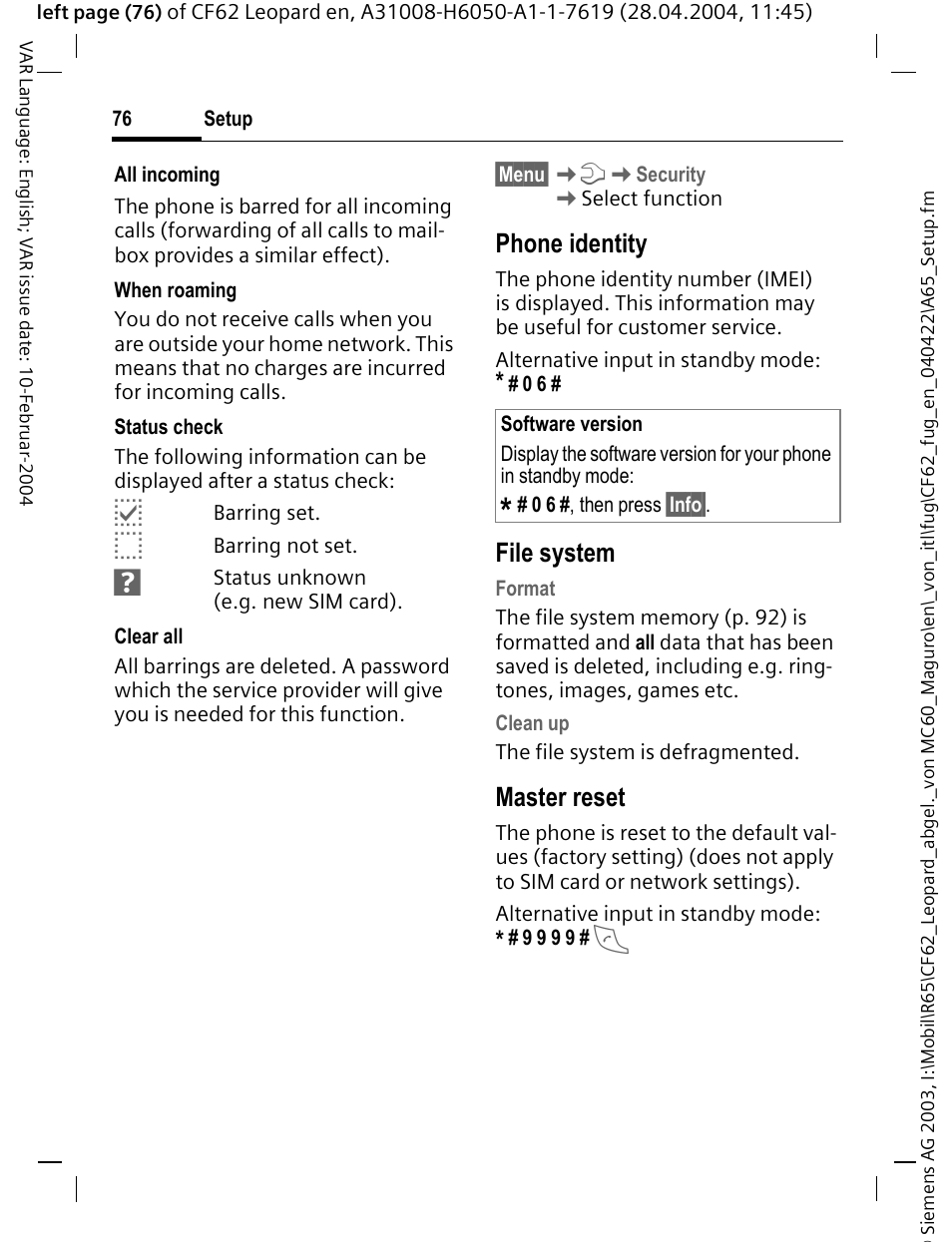 Phone identity, File system, Master reset | Siemens CF62 User Manual | Page 77 / 122