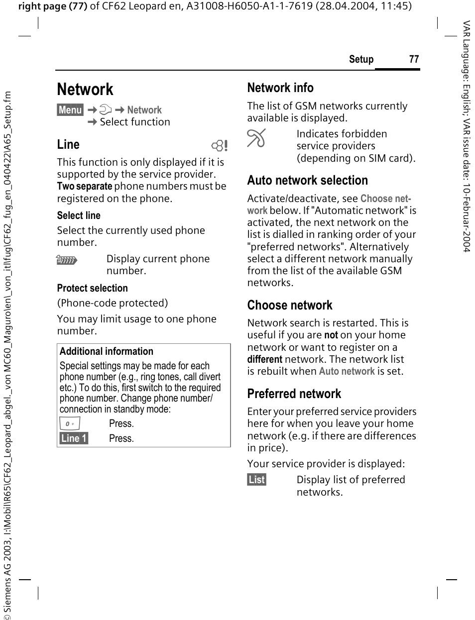 Network, Line b, Network info | Auto network selection, Choose network, Preferred network | Siemens CF62 User Manual | Page 78 / 122