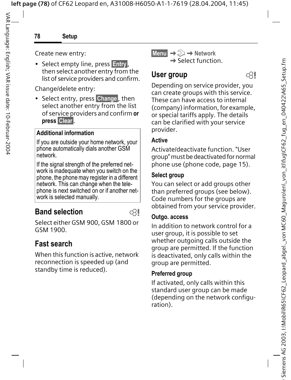 Band selection b, Fast search, User group b | Siemens CF62 User Manual | Page 79 / 122