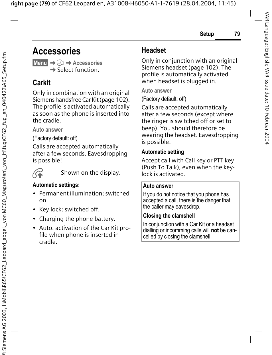 Accessories, Carkit, Headset | Siemens CF62 User Manual | Page 80 / 122