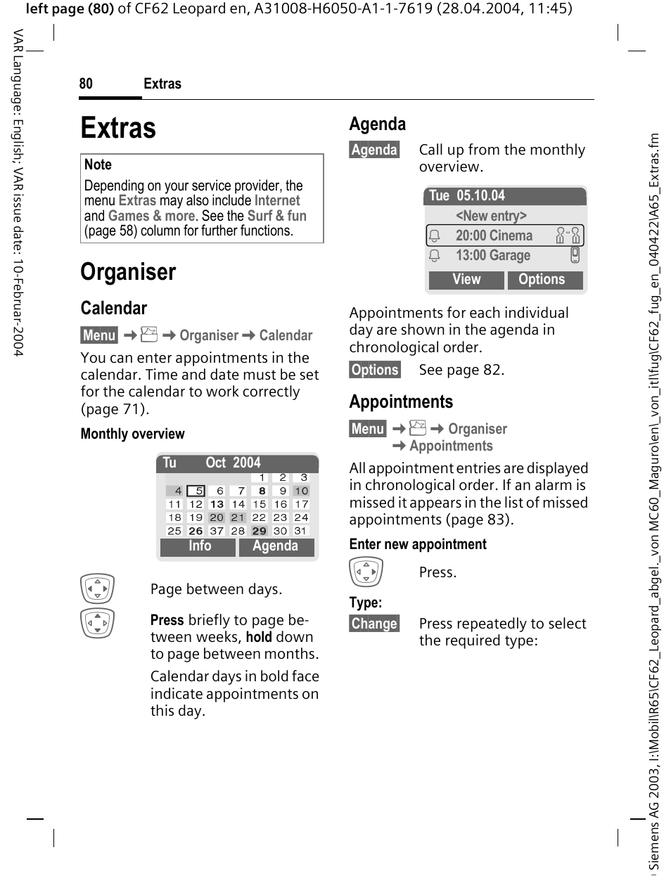 Extras, Organiser, Calendar | Agenda, Appointments | Siemens CF62 User Manual | Page 81 / 122